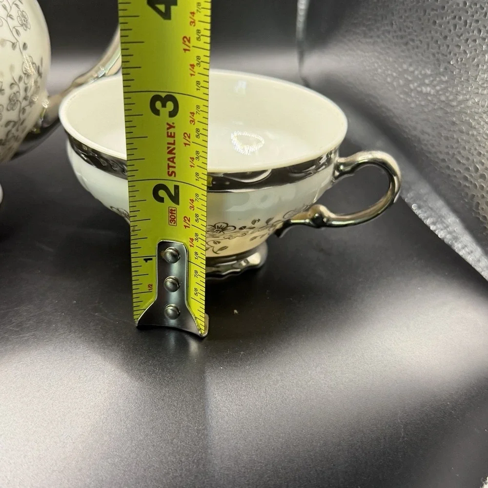 Black And Silver Floral Bavarian Teapot & 4 Teacup Set